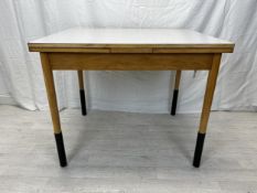 1960s kitchen dining table, mid century teak with Formica composite laminated top and draw leaf