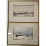 Two early 20th century framed and glazed watercolours, one of a boat on the shore, signed F. da