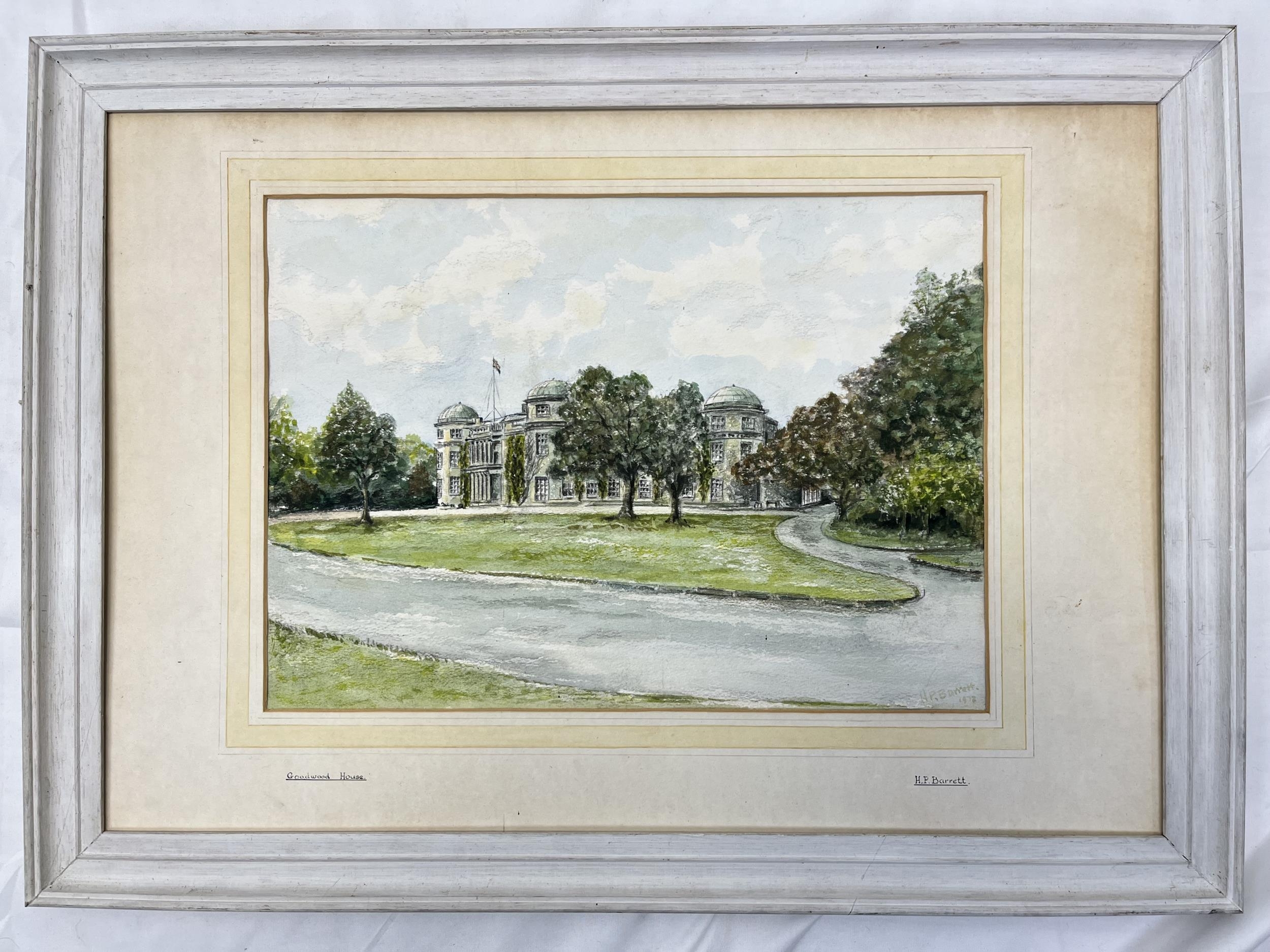 A framed oil painting of Goodwood House, signed H P Barrett. H.39.5 W.55cm.