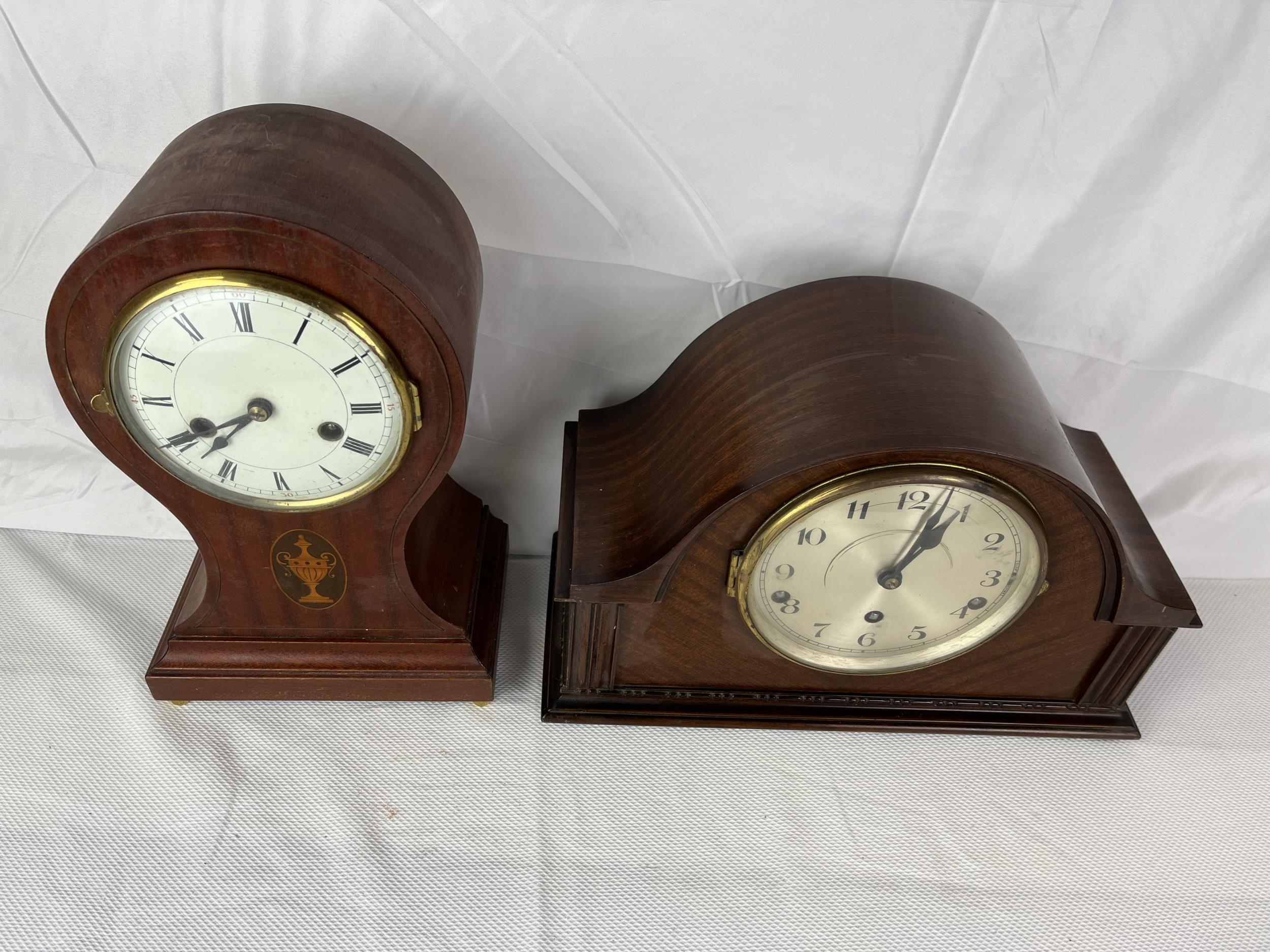 An Edwardian mahogany inlaid balloon mantle clock, an early 20th century mantel clock and a mahogany - Image 3 of 11