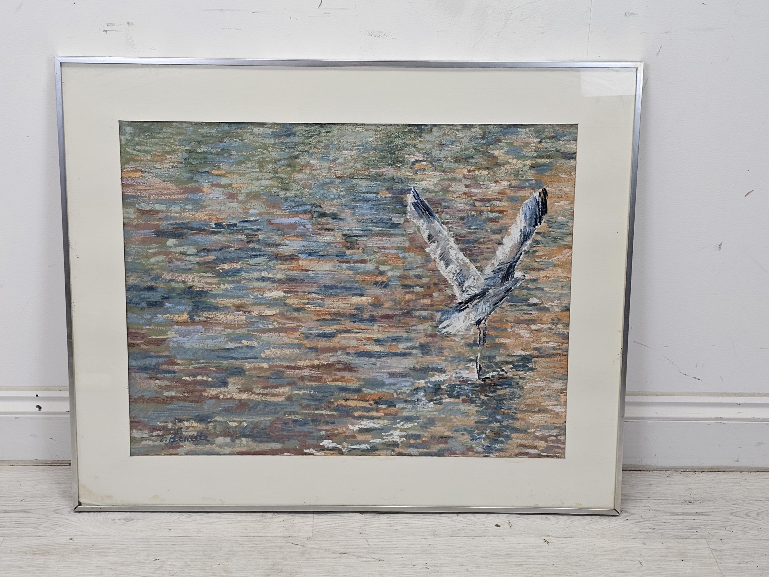 Celeste Benitte, French, a pastel on paper of a heron flying over the water, signed C. Benitte. - Image 2 of 5