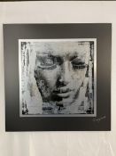 An overlaid photographic type print on aluminium and floated on a black mount. Signed