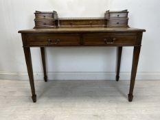 Writing table, early 20th century mahogany and satinwood strung with brass galleried superstructure.