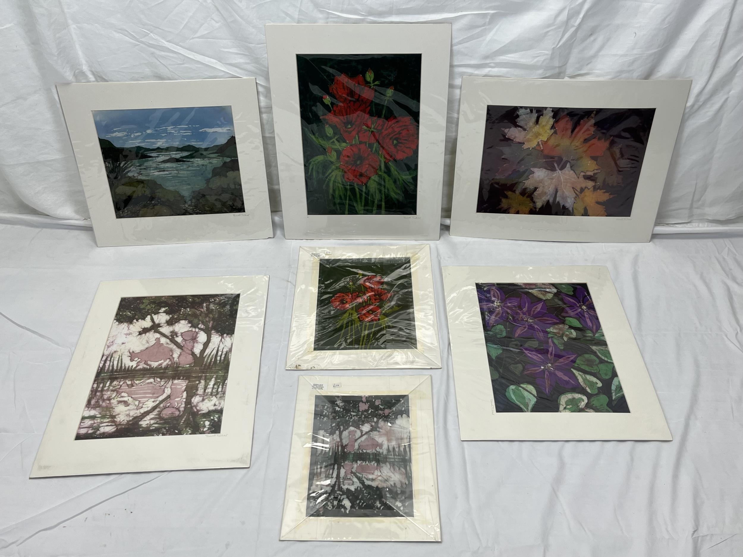 A collection of seven batiks, signed Sarah Tucker. Largest H.55 W.41.5cm.