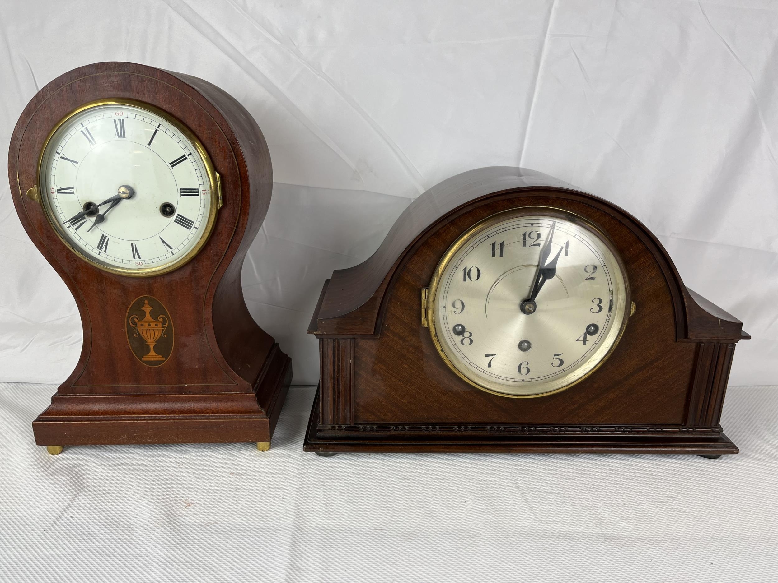 An Edwardian mahogany inlaid balloon mantle clock, an early 20th century mantel clock and a mahogany - Image 2 of 11