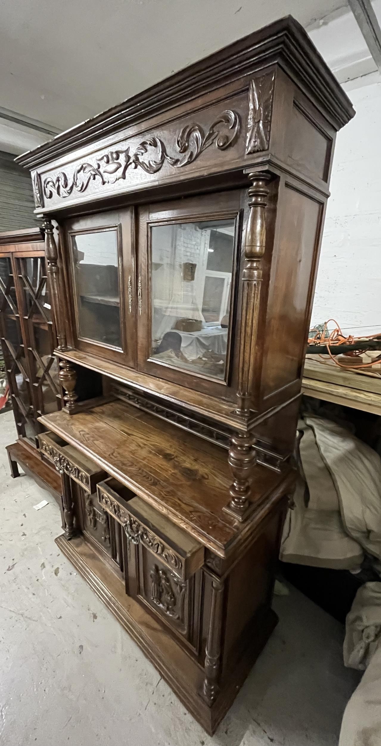 Library bookcase, 19th century French, carved chestnut. Comes in two sections. H.226 W.135.5 D.56cm. - Image 3 of 12