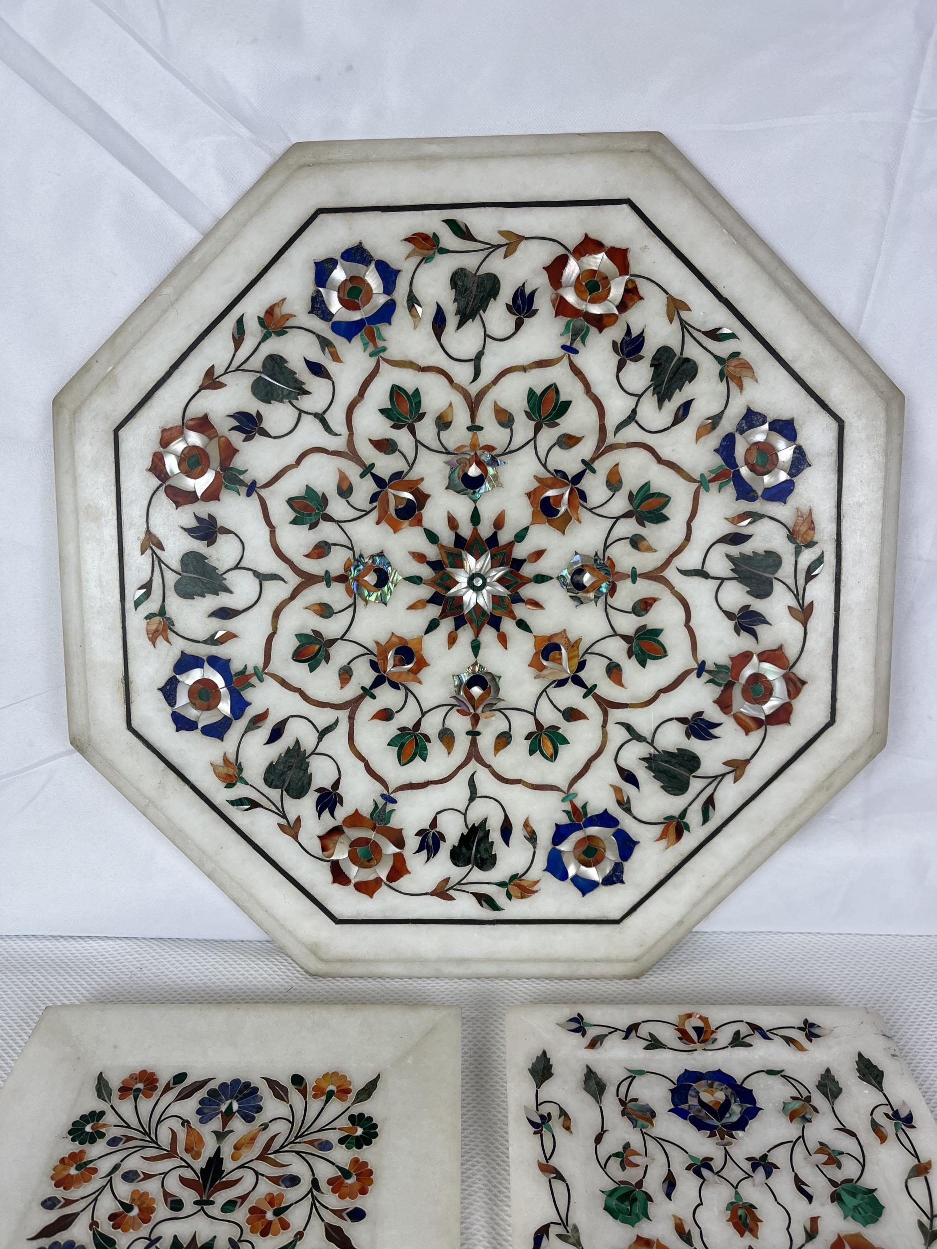 A collection of Indian pietra dura, a variety of semi- precious stones in white marble. Seven - Image 2 of 8