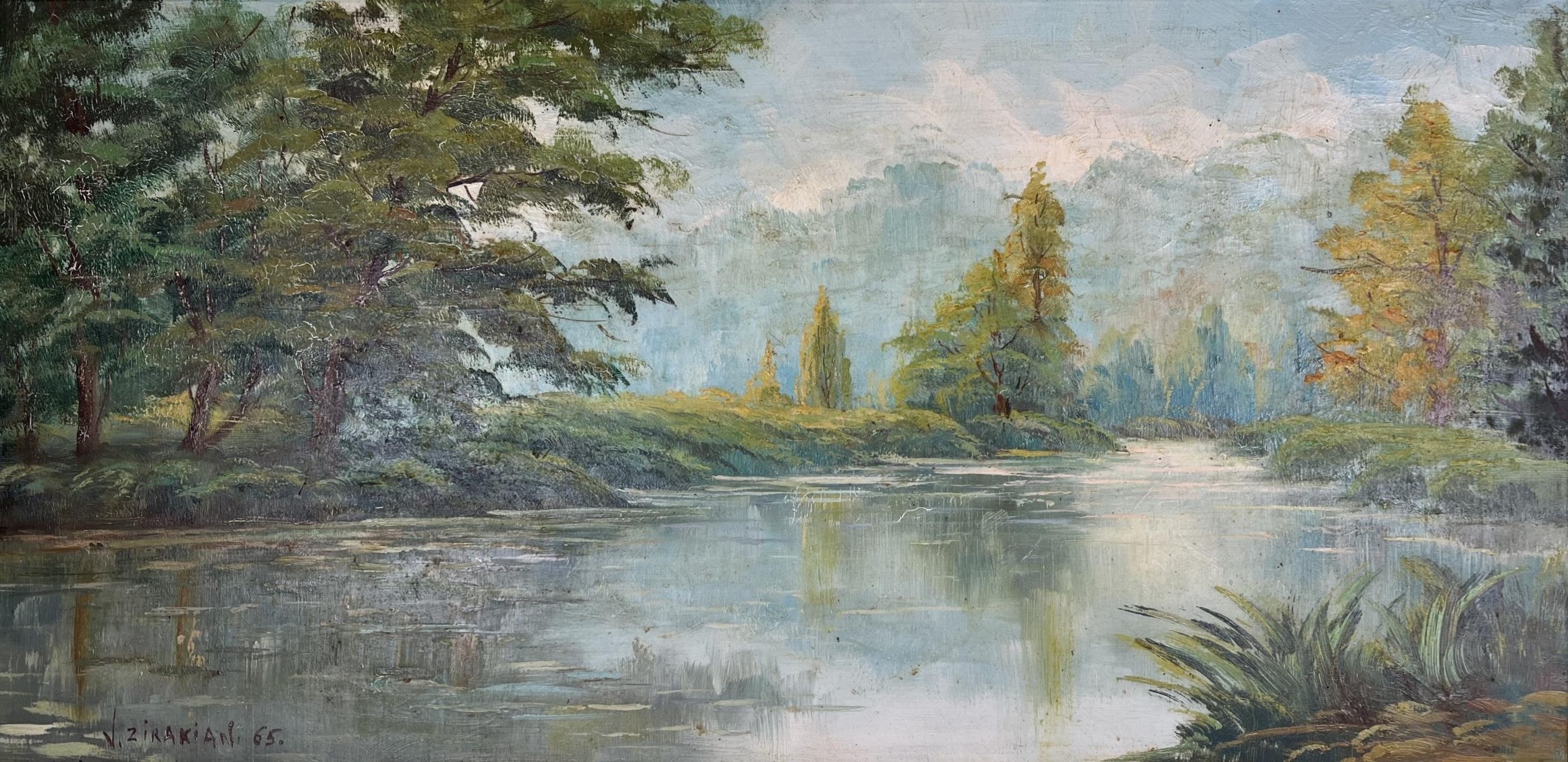 Framed oil on canvas, riverscape, signed and dated V Zirakian. H.58 W.97cm.