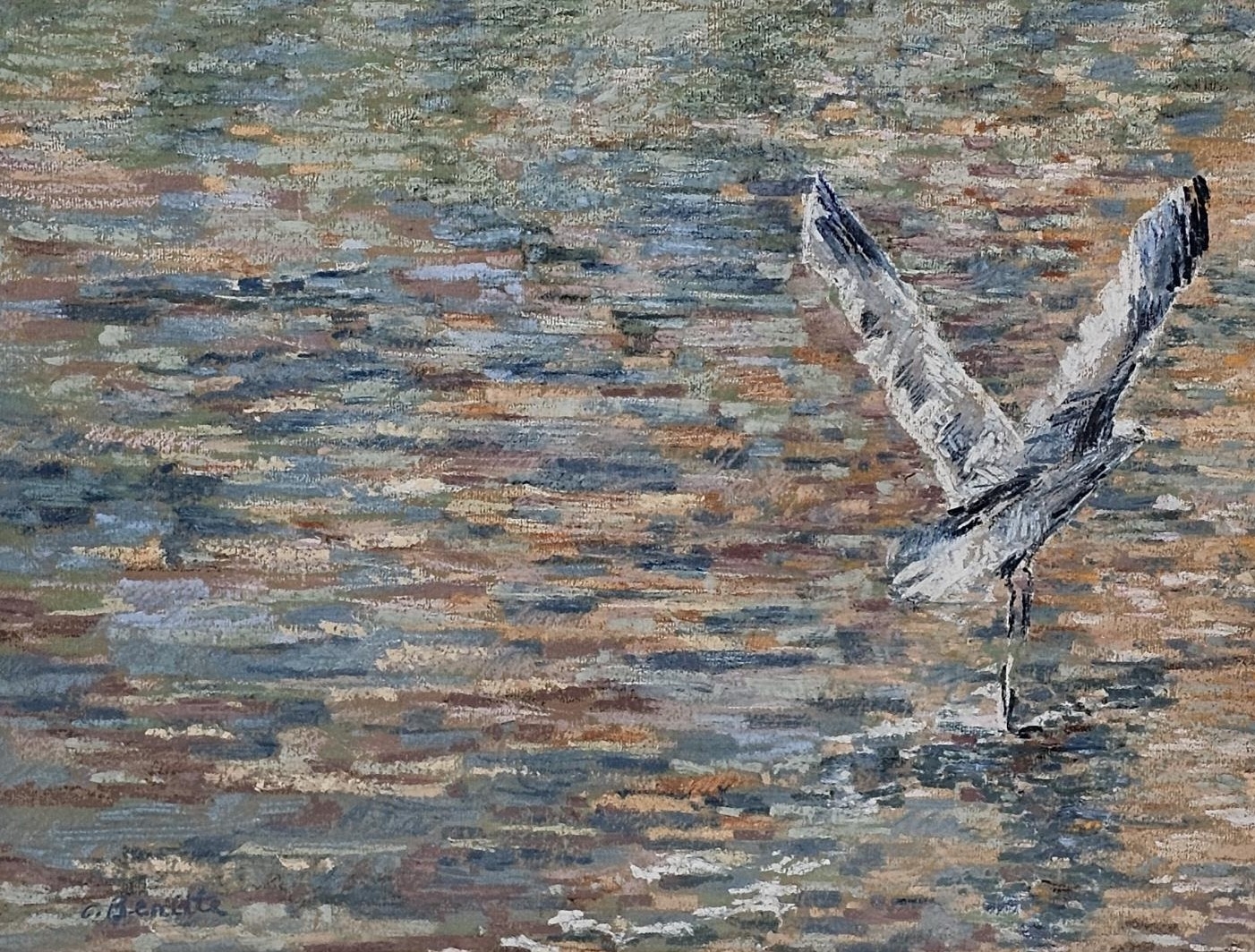 Celeste Benitte, French, a pastel on paper of a heron flying over the water, signed C. Benitte.