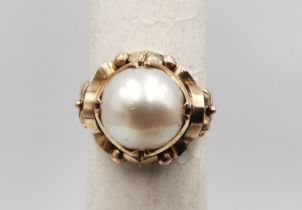 A vintage Chinese 18 carat rose gold and white cultured pearl dress ring, set with a round white
