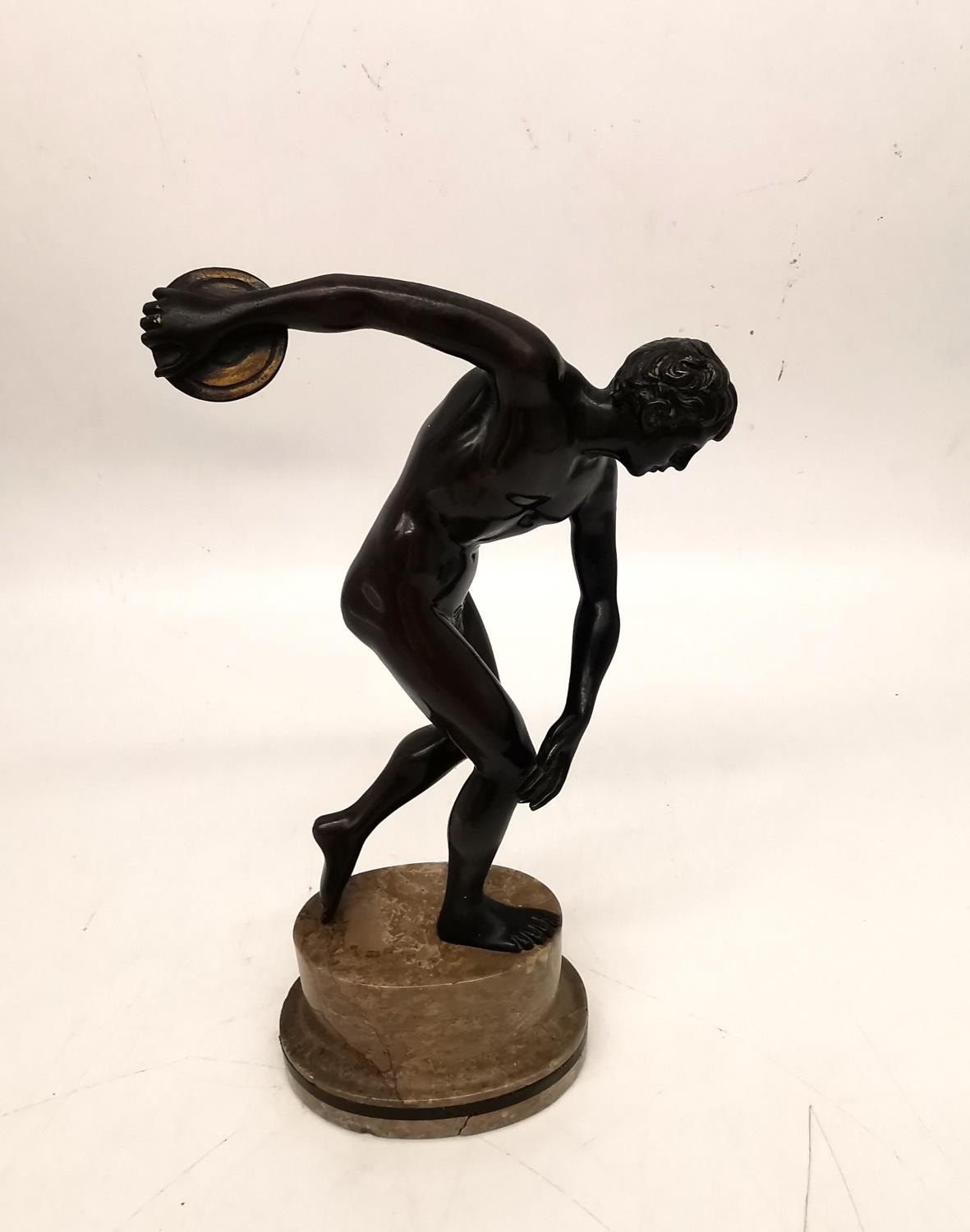 After the ancient 'Discobolus' the Discus thrower, an early 20th century patinated bronze, on - Image 7 of 9