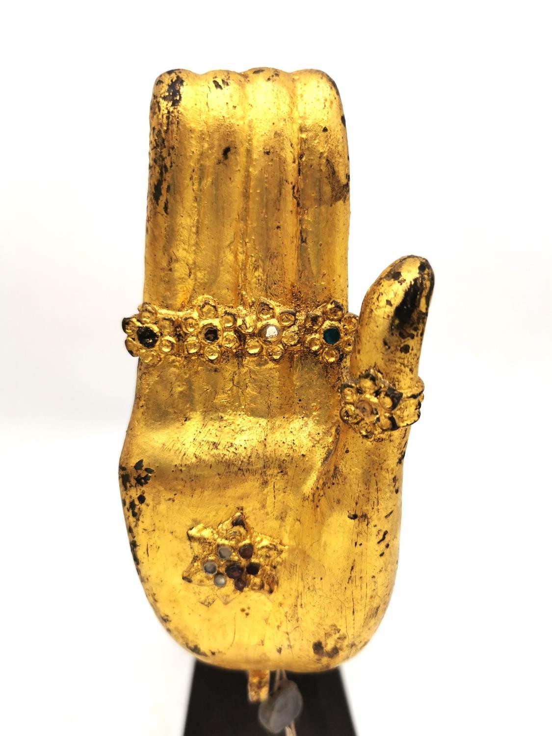 A pair of Thai 19th century gilt bronze Buddha hands with coloured mirrored mosaic tile detailing, - Image 4 of 13