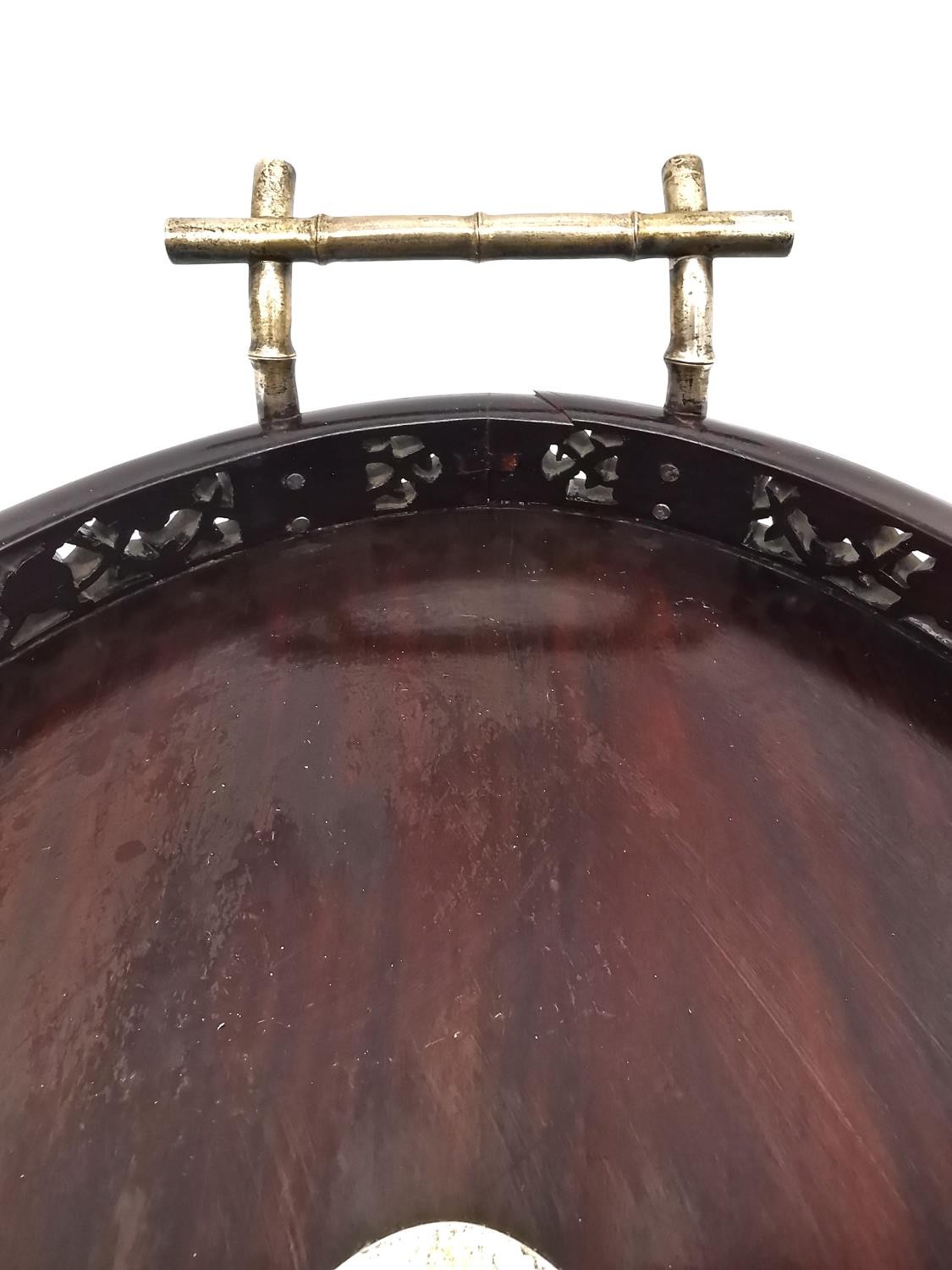 An early 20th century Chinese carved and pierced hardwood oval tray with white metal (tests as - Image 9 of 9