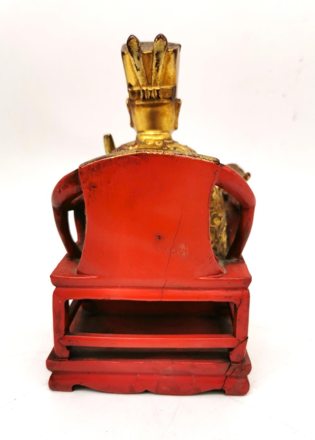 Three Chinese Buddhas and deities, one Chinese gilded cinnabar lacquer Chinese imperial in a throne, - Image 5 of 13