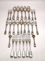 A Victorian six person part silver cutlery set consisting of six dinner forks, six dessert forks,