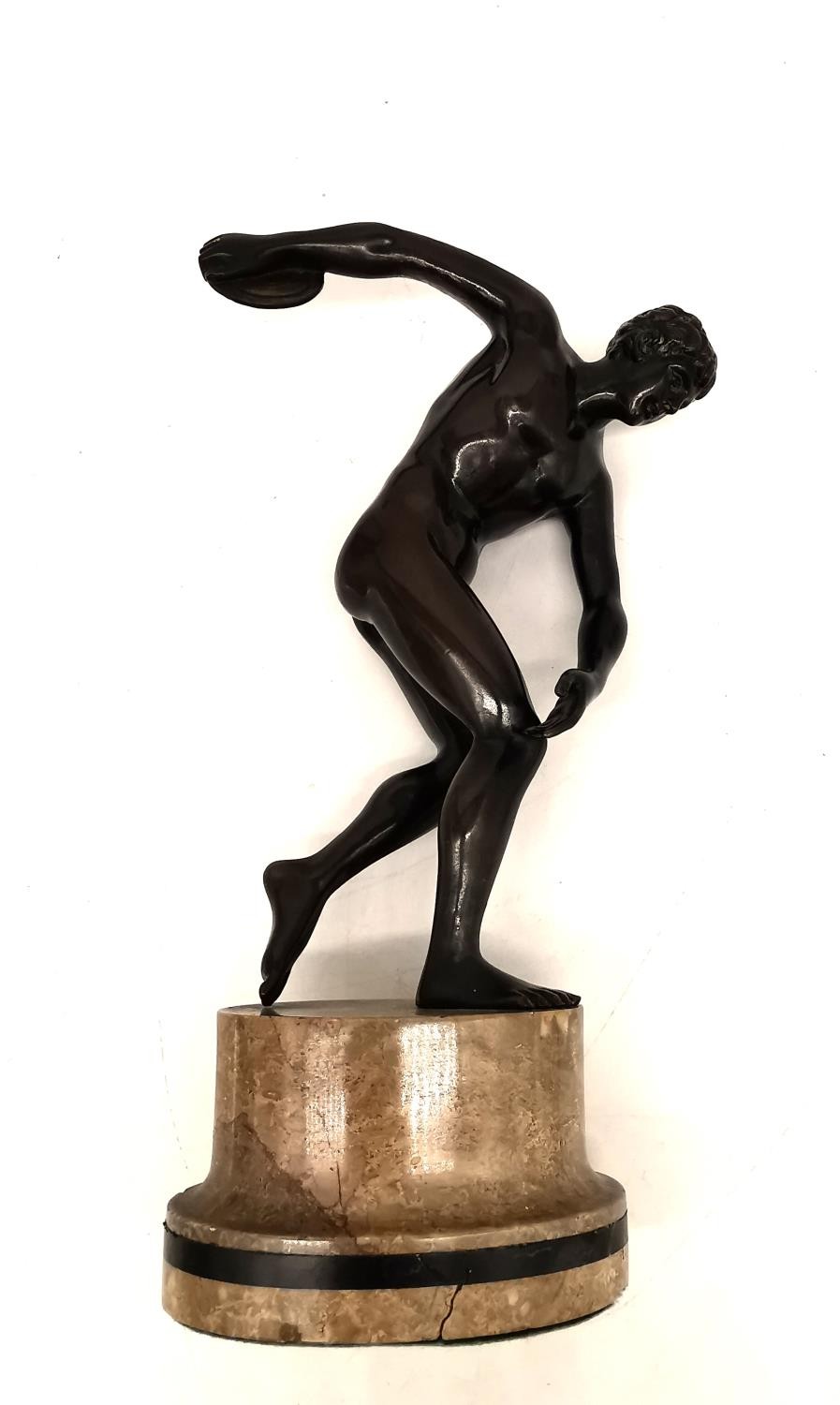 After the ancient 'Discobolus' the Discus thrower, an early 20th century patinated bronze, on - Image 2 of 9