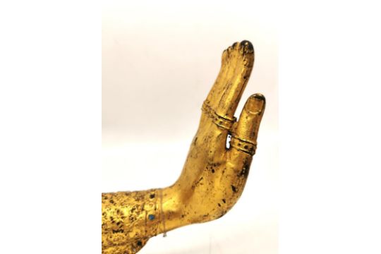 A pair of Thai 19th century gilt bronze Buddha hands with coloured mirrored mosaic tile detailing, - Image 11 of 13