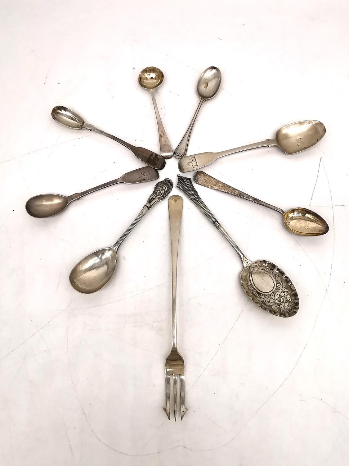 A collection of 18th and 19th century silver cutlery, including five matching bright cut - Image 7 of 8