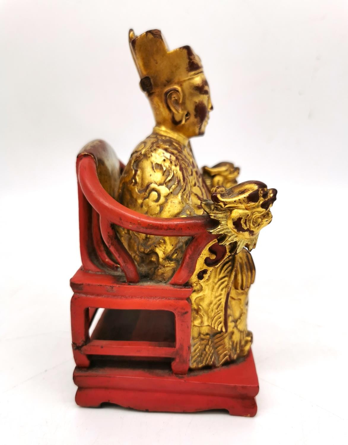 Three Chinese Buddhas and deities, one Chinese gilded cinnabar lacquer Chinese imperial in a throne, - Image 4 of 13