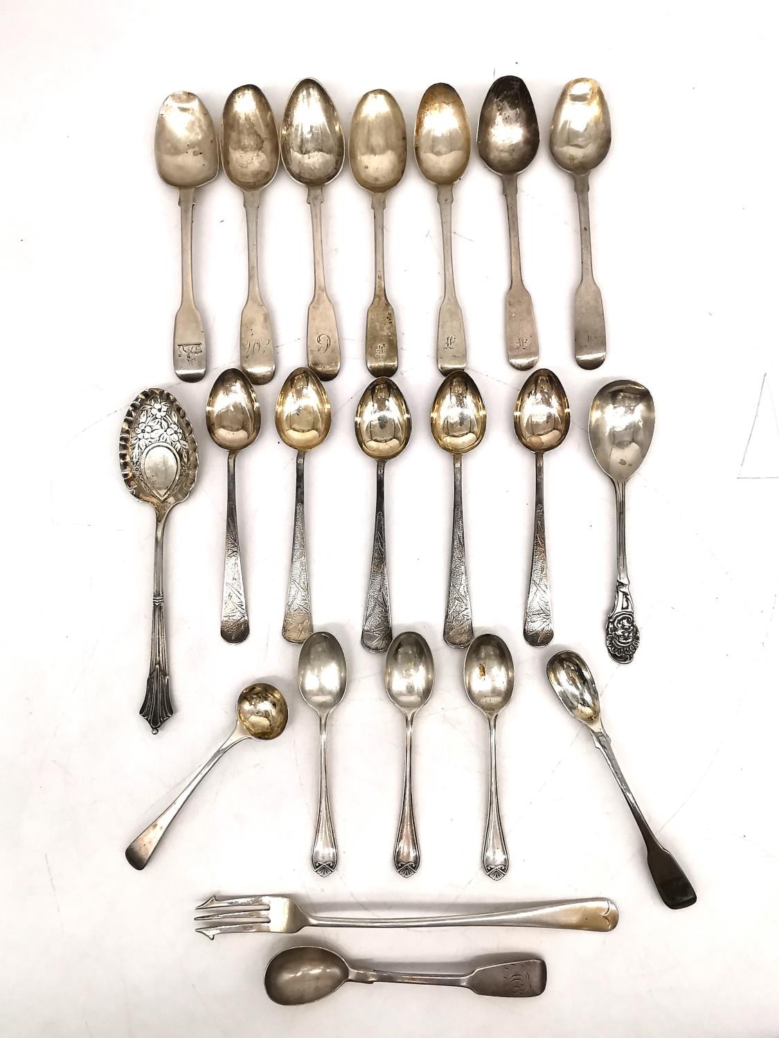 A collection of 18th and 19th century silver cutlery, including five matching bright cut - Image 2 of 8