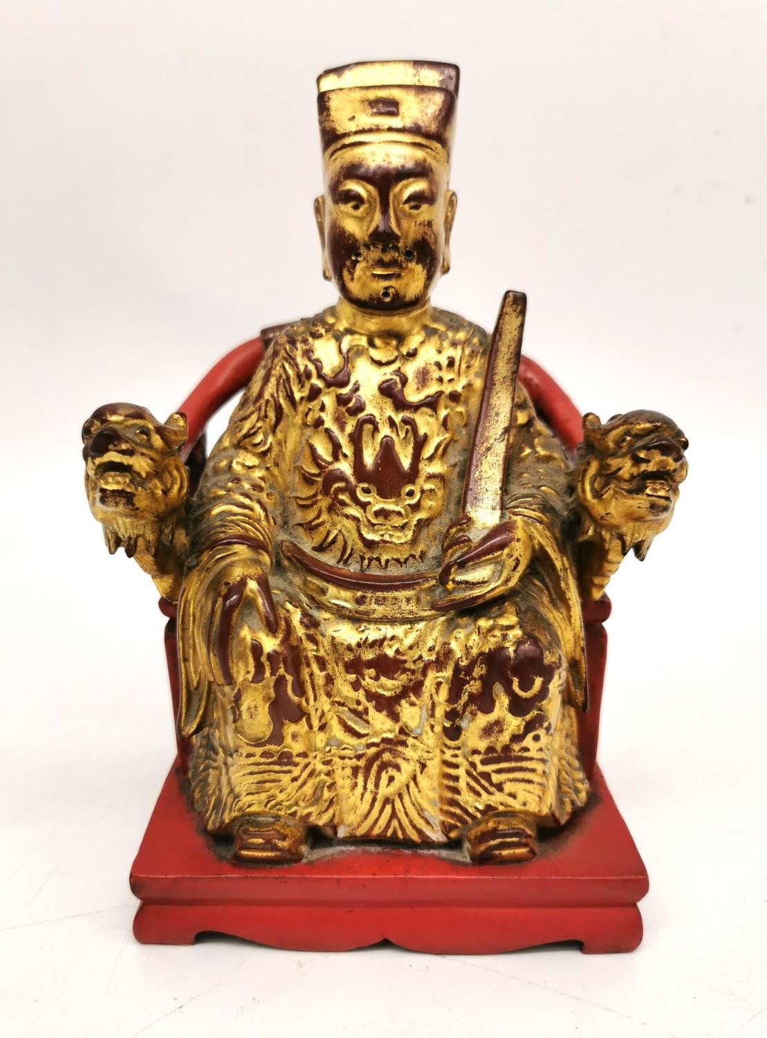 Three Chinese Buddhas and deities, one Chinese gilded cinnabar lacquer Chinese imperial in a throne, - Image 2 of 13