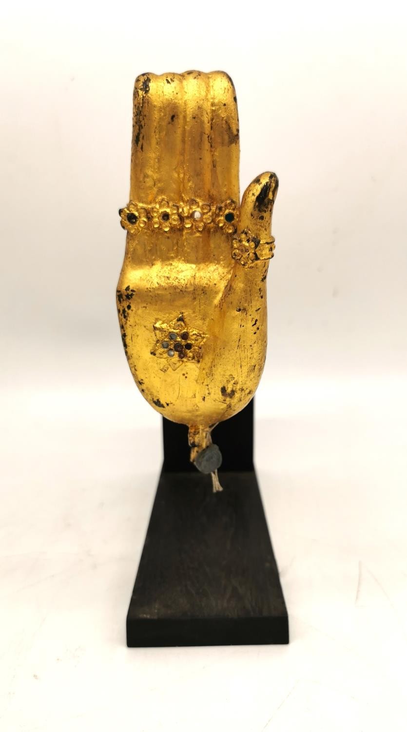 A pair of Thai 19th century gilt bronze Buddha hands with coloured mirrored mosaic tile detailing, - Image 3 of 13