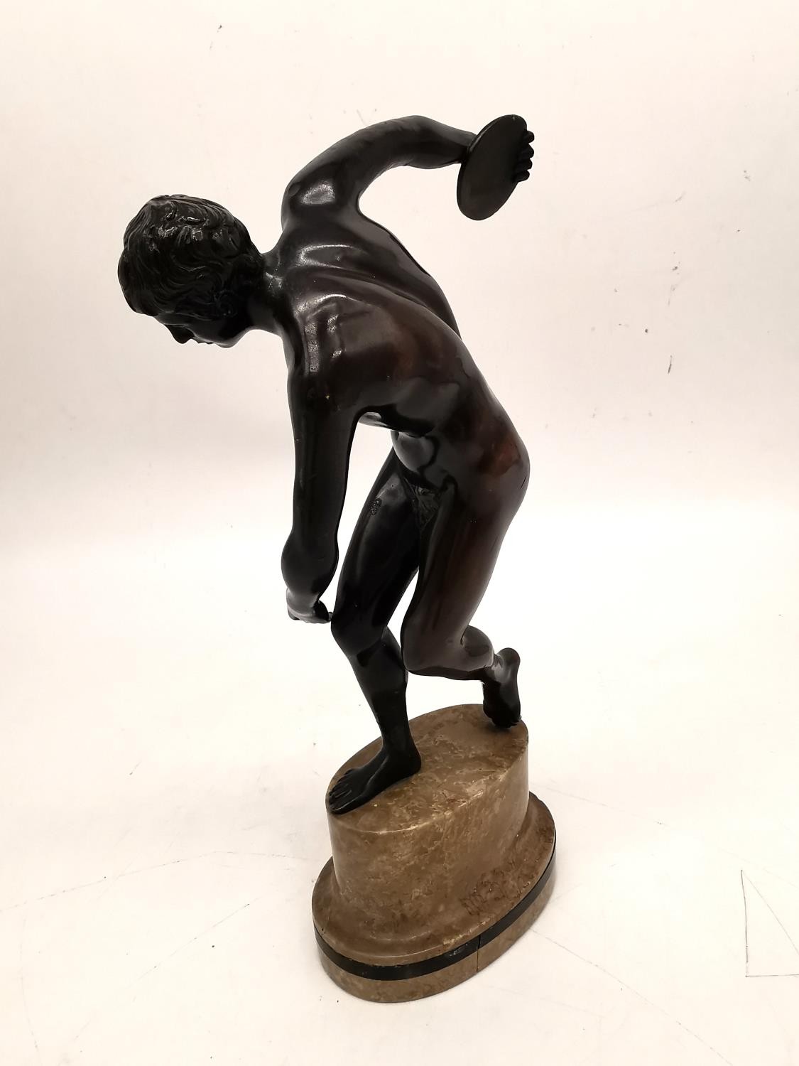 After the ancient 'Discobolus' the Discus thrower, an early 20th century patinated bronze, on - Image 6 of 9