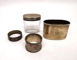 A collection of silver, including a silver sprung lid cut glass dressing jar by Thomas Johnson I and