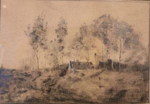 After Jean Baptiste Camille Corot, French, (1796 - 1875), pencil drawing of a cottage in amongst the