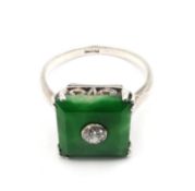 An Art Deco Chinese 14 carat white gold Jade and diamond dress ring. Set to centre of the square