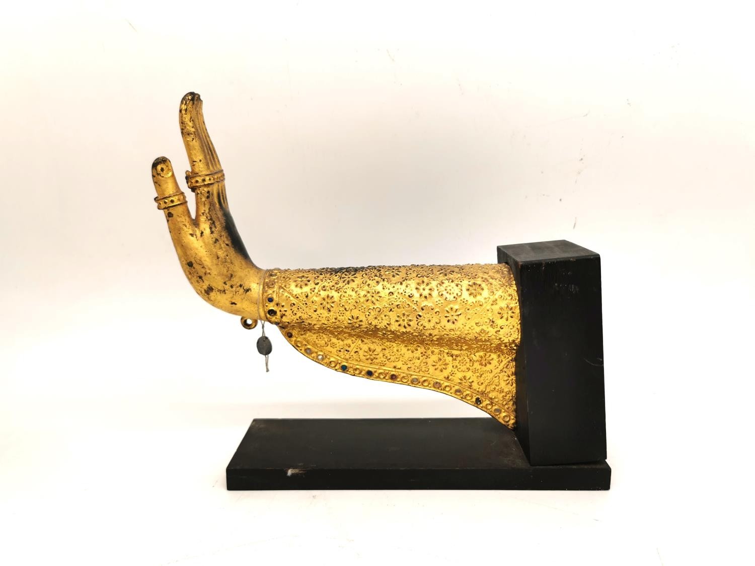 A pair of Thai 19th century gilt bronze Buddha hands with coloured mirrored mosaic tile detailing, - Image 2 of 13