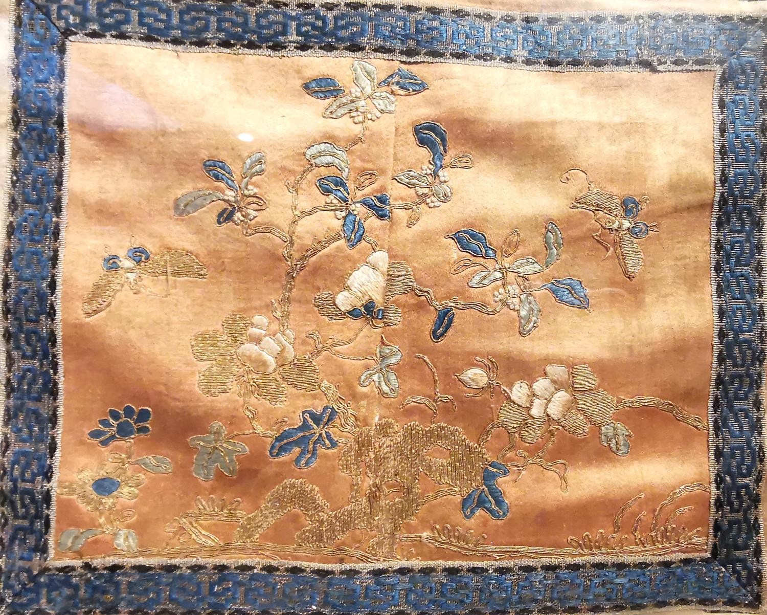 A framed and glazed 19th century Chinese silk embroidery, depicting flowers and butterflies with - Image 3 of 5