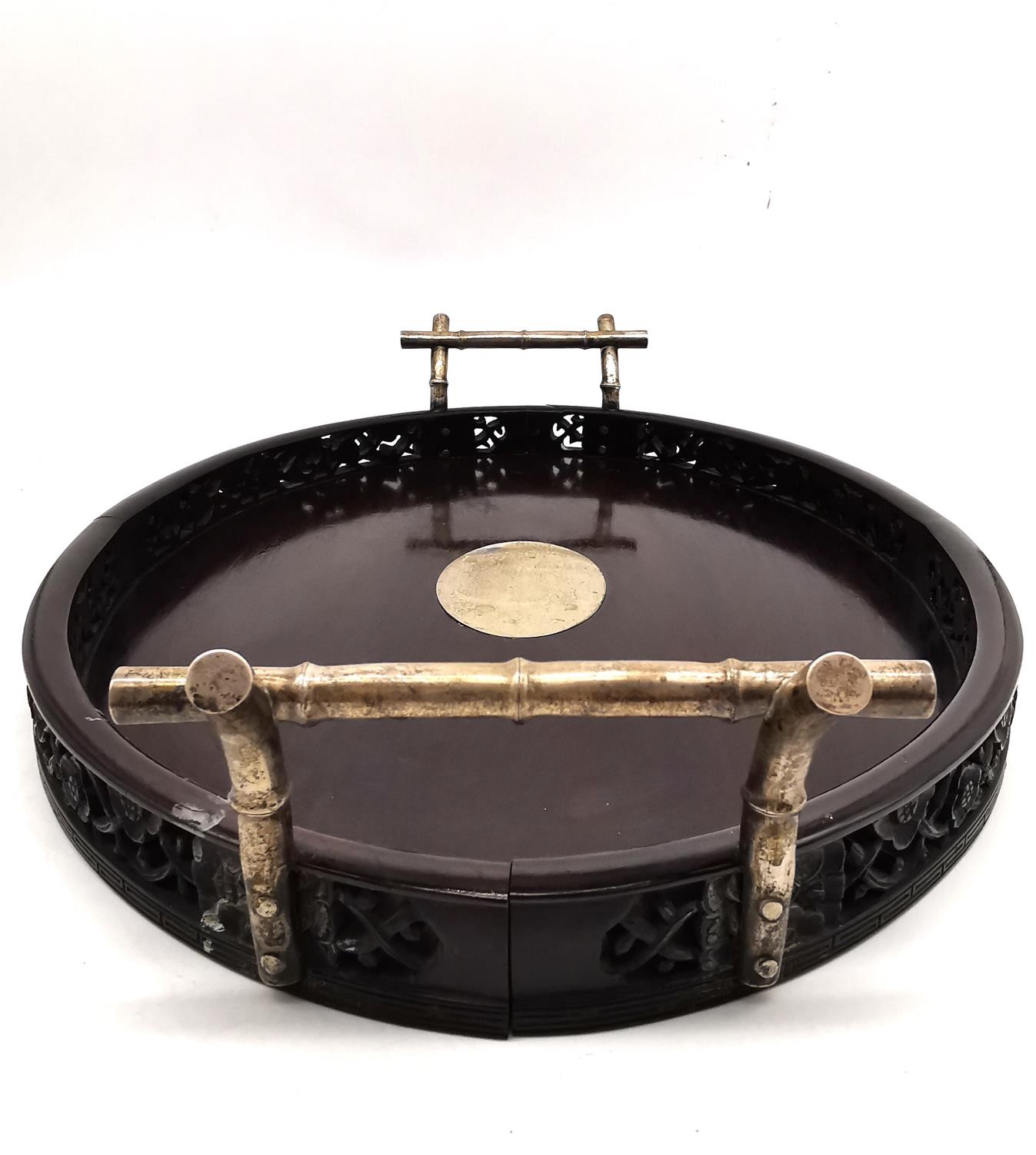 An early 20th century Chinese carved and pierced hardwood oval tray with white metal (tests as - Image 7 of 9