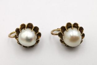 A pair of vintage Chinese 14 carat yellow gold cultured pearl earrings with hook and clip