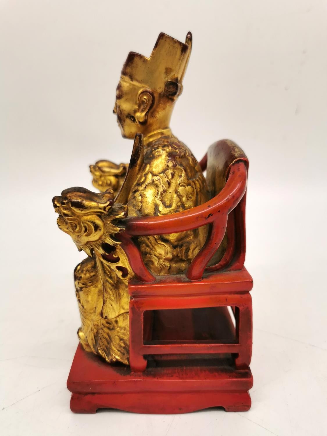 Three Chinese Buddhas and deities, one Chinese gilded cinnabar lacquer Chinese imperial in a throne, - Image 3 of 13