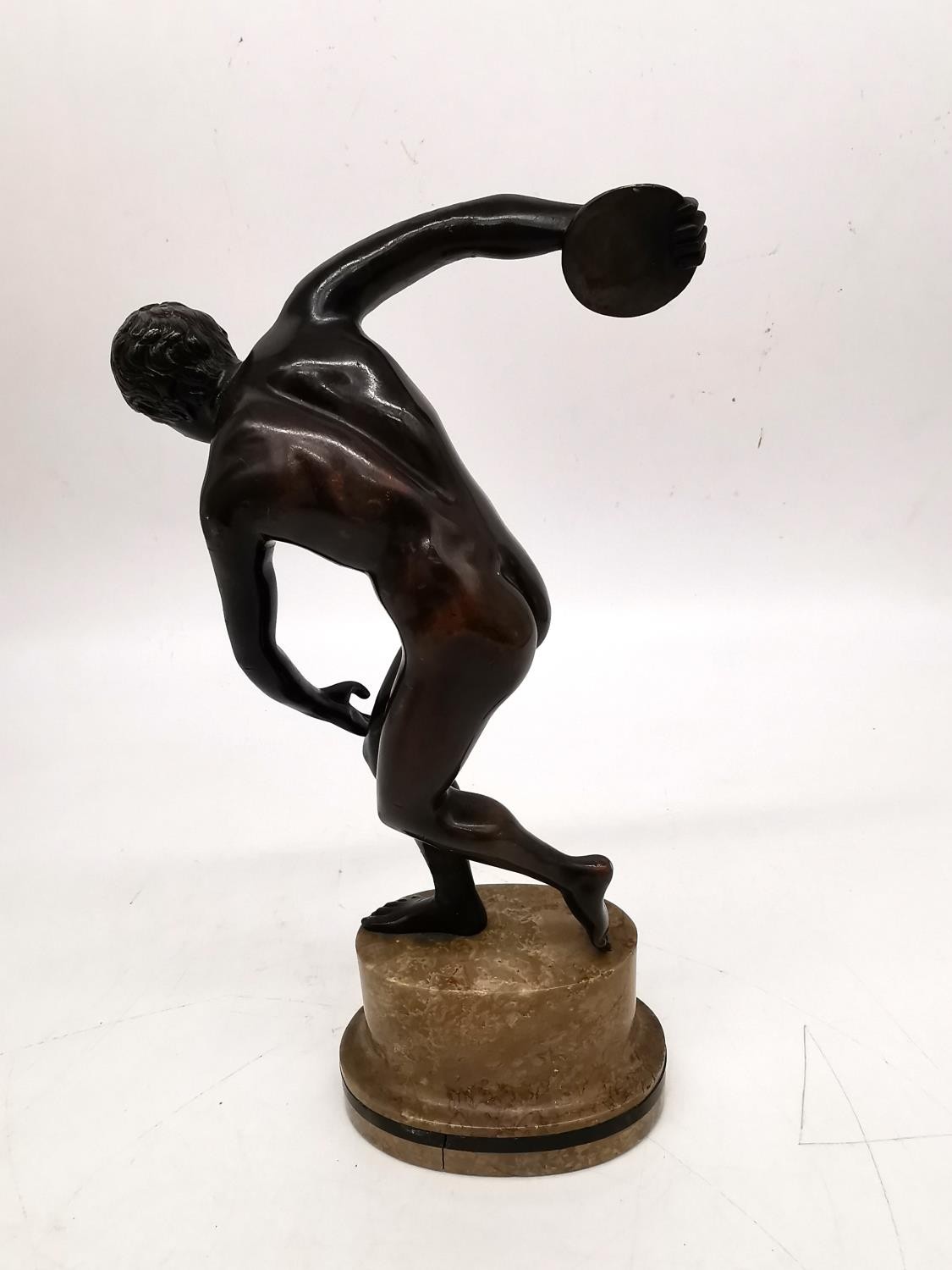 After the ancient 'Discobolus' the Discus thrower, an early 20th century patinated bronze, on - Image 5 of 9