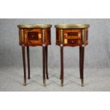 A pair of Louis XV style lamp tables, kingwood and walnut crossbanded with ormolu mounts. (Some