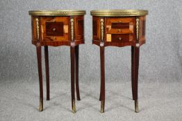 A pair of Louis XV style lamp tables, kingwood and walnut crossbanded with ormolu mounts. (Some