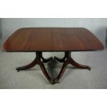 Dining table, Georgian style mahogany twin pillar with two extra leaves. H.74 W.245(ext) D.109cm. (