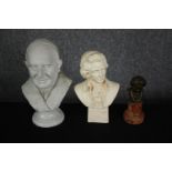 Three busts, a bronze Beethoven, Parianware of Mozart and a ceramic example of the Pontiff. H.