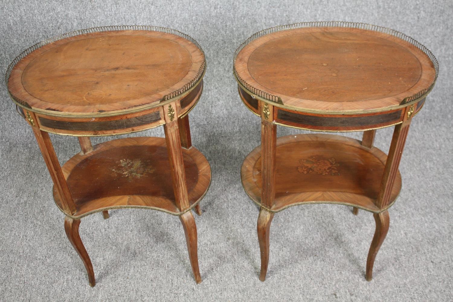 Lamp tables, a pair 19th century walnut crossbanded with ormolu mounts and marquetry inlay. H.74 W. - Image 2 of 7