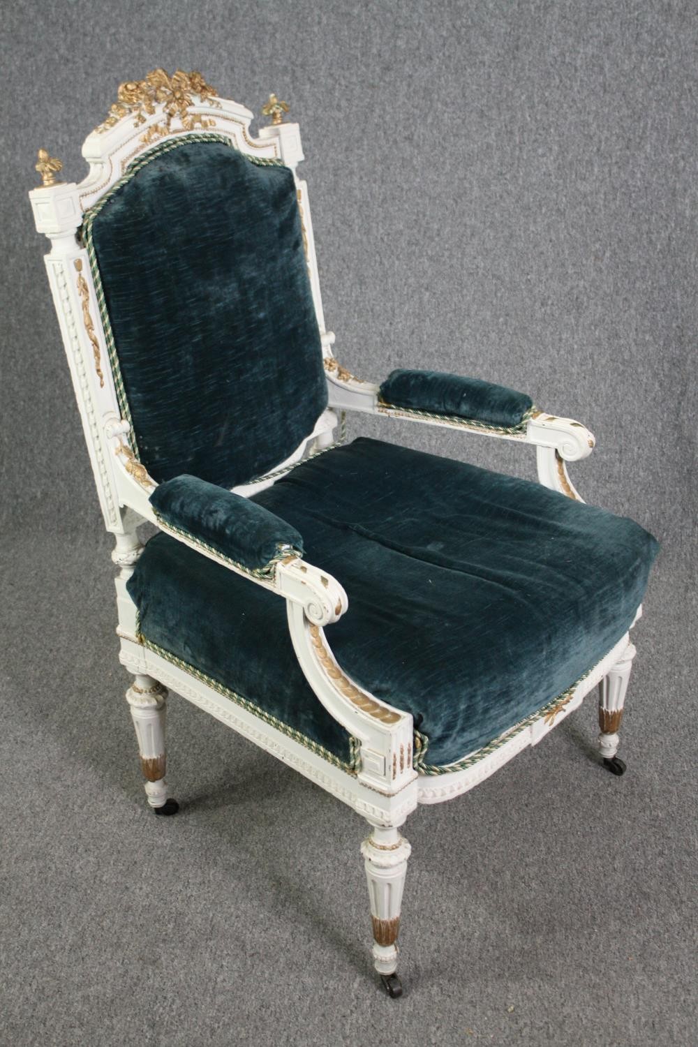 A French style distressed painted armchair and another similar. H.111cm. (Largest). - Image 7 of 8