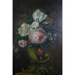 Oil on board, 19th century, still life flowers in a cornucopia vase, indistinctly signed. H.53 W.