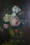 Oil on board, 19th century, still life flowers in a cornucopia vase, indistinctly signed. H.53 W.