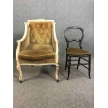 A C.1900 painted tub chair and a late 19th Mother of Pearl inlaid bedroom chair. H.85cm.