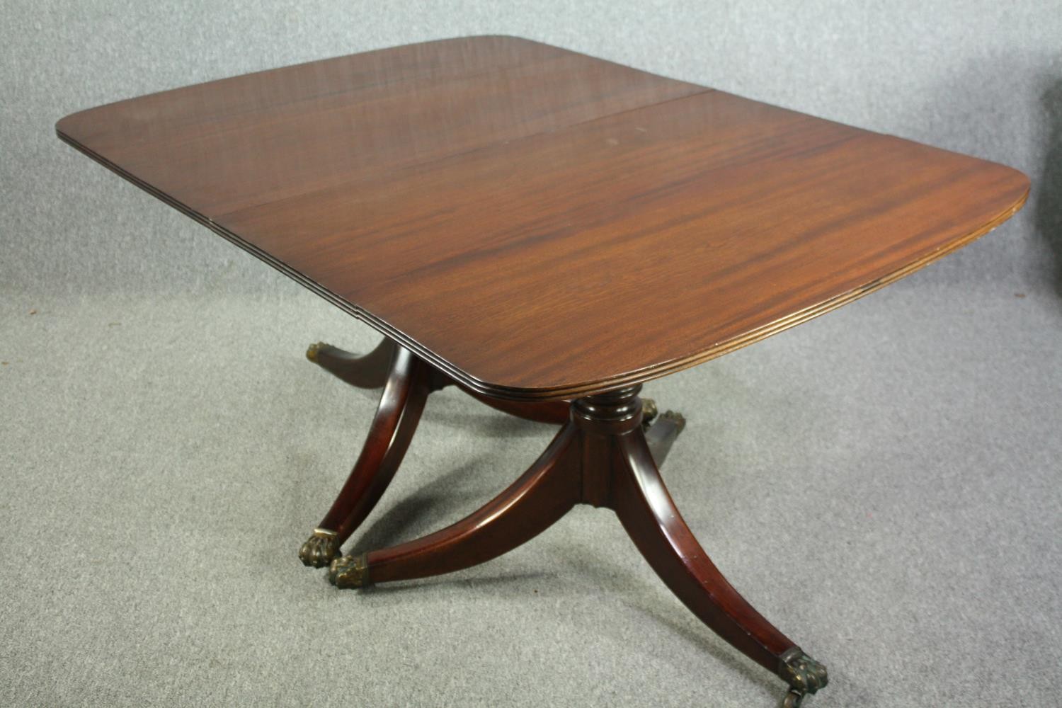 Dining table, Georgian style mahogany twin pillar with two extra leaves. H.74 W.245(ext) D.109cm. ( - Image 3 of 9