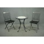 Garden table and chairs, contemporary 19th century style wrought iron with inset ceramic tiles. H.69