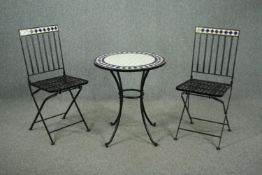 Garden table and chairs, contemporary 19th century style wrought iron with inset ceramic tiles. H.69
