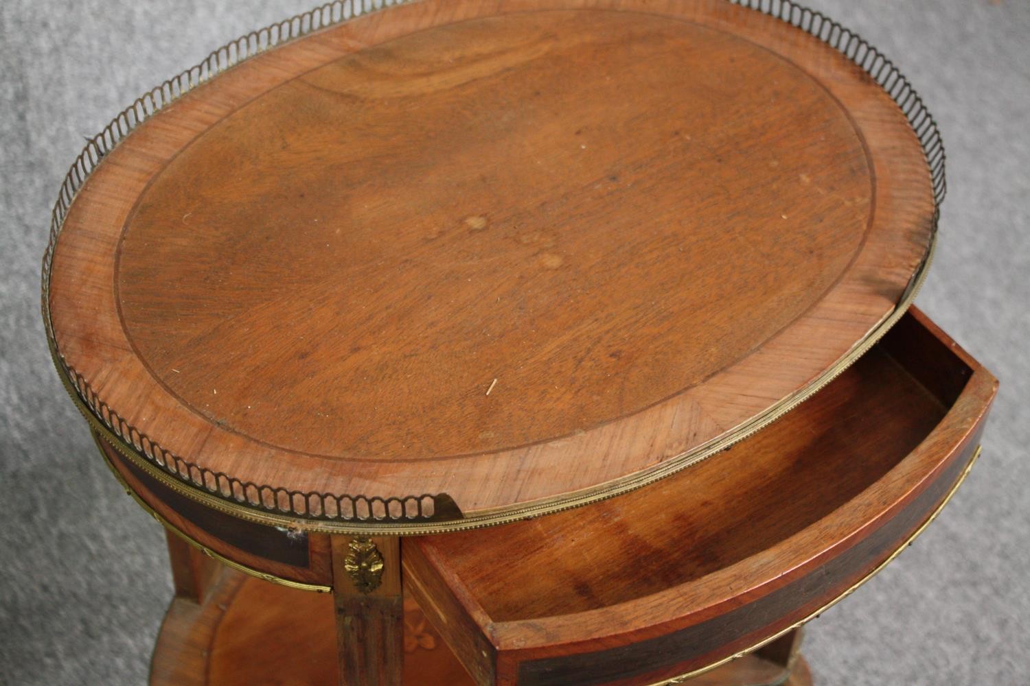 Lamp tables, a pair 19th century walnut crossbanded with ormolu mounts and marquetry inlay. H.74 W. - Image 4 of 7