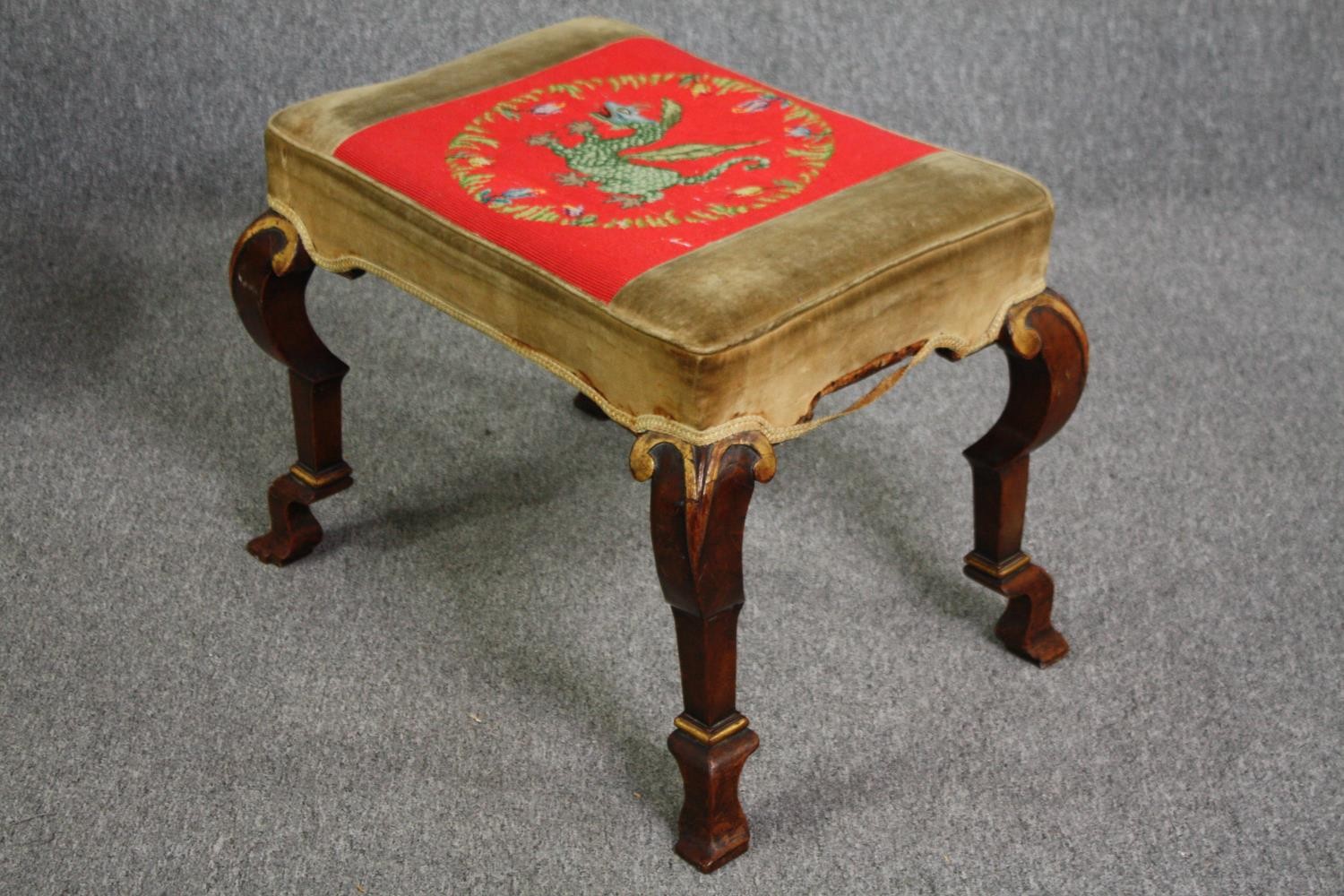 A Georgian walnut and gilt footstool with tapestry upholstered seat on cabriole supports. H.50 W. - Image 2 of 5